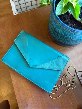 Vintage 80s Turquoise Leather and Brass Clutch Crossbody